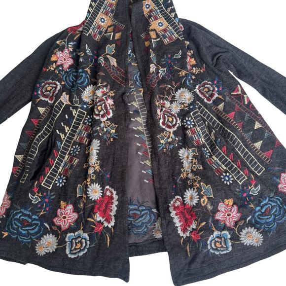 Johnny Was Biya Flower Embroidered Hooded Cardigan Charcoal Grey - Picture 6 of 15